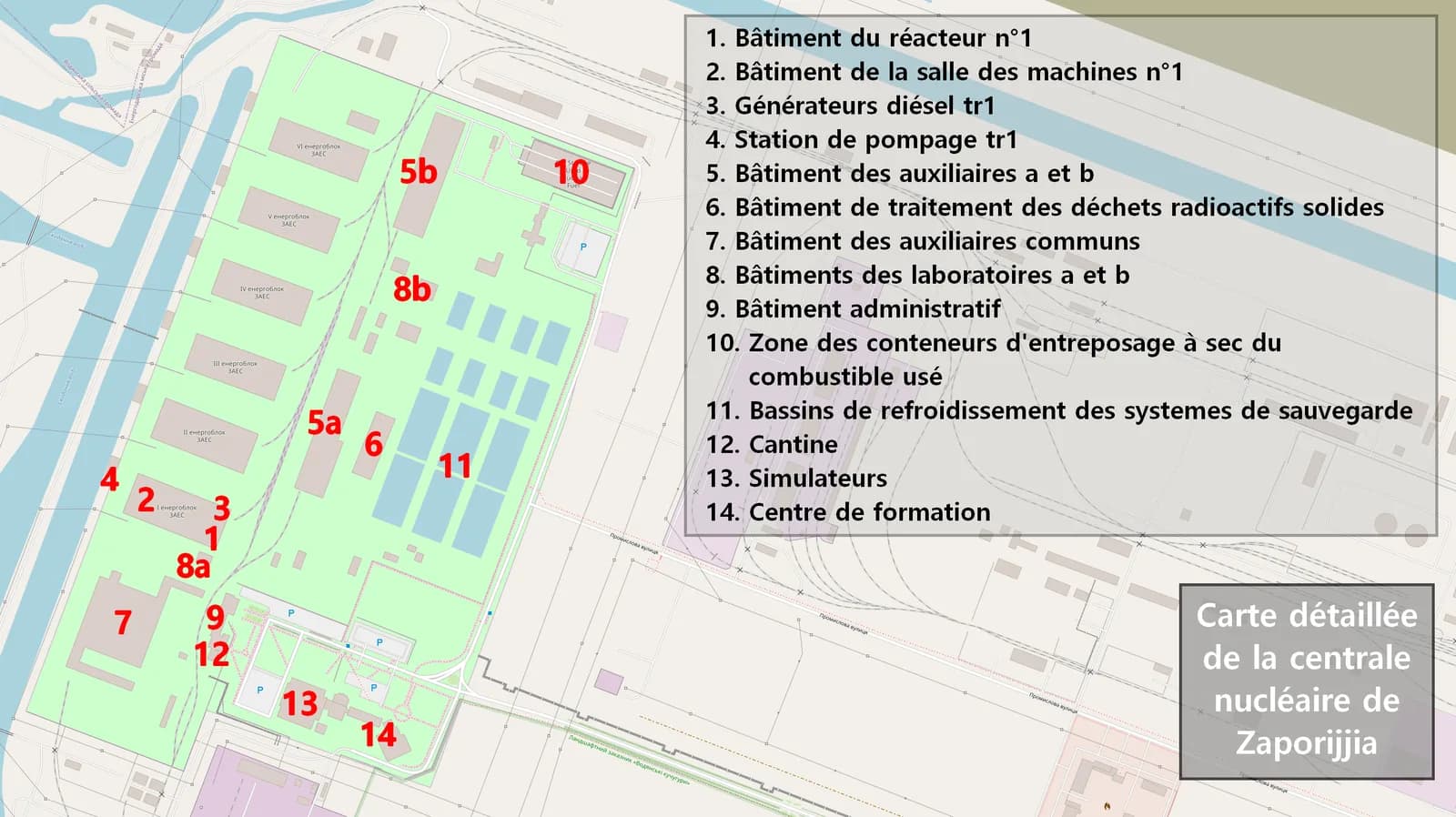 Annotated site plan of the Zaporizhzhya Nuclear Power Plant showing the six reactor units, emergency diesel generators, spent fuel dry storage and spray cooling ponds (labels in French). Image: Gnrc / Wikimedia Commons / CC BY-SA 4.0; map data © OpenStreetMap contributors.